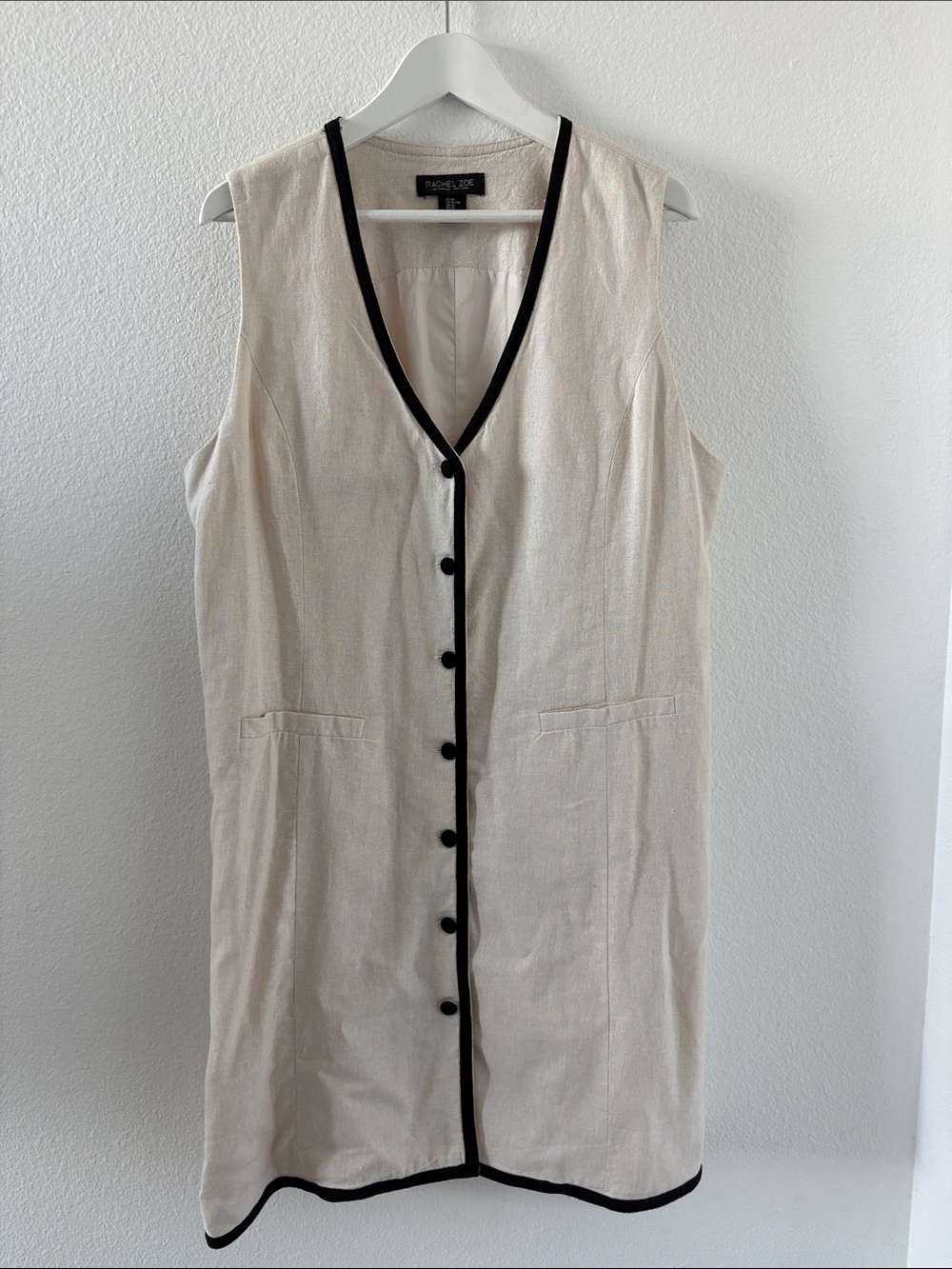 Rachel Zoe Cream Sleeveless V-Neck Button Dress with Black Trim